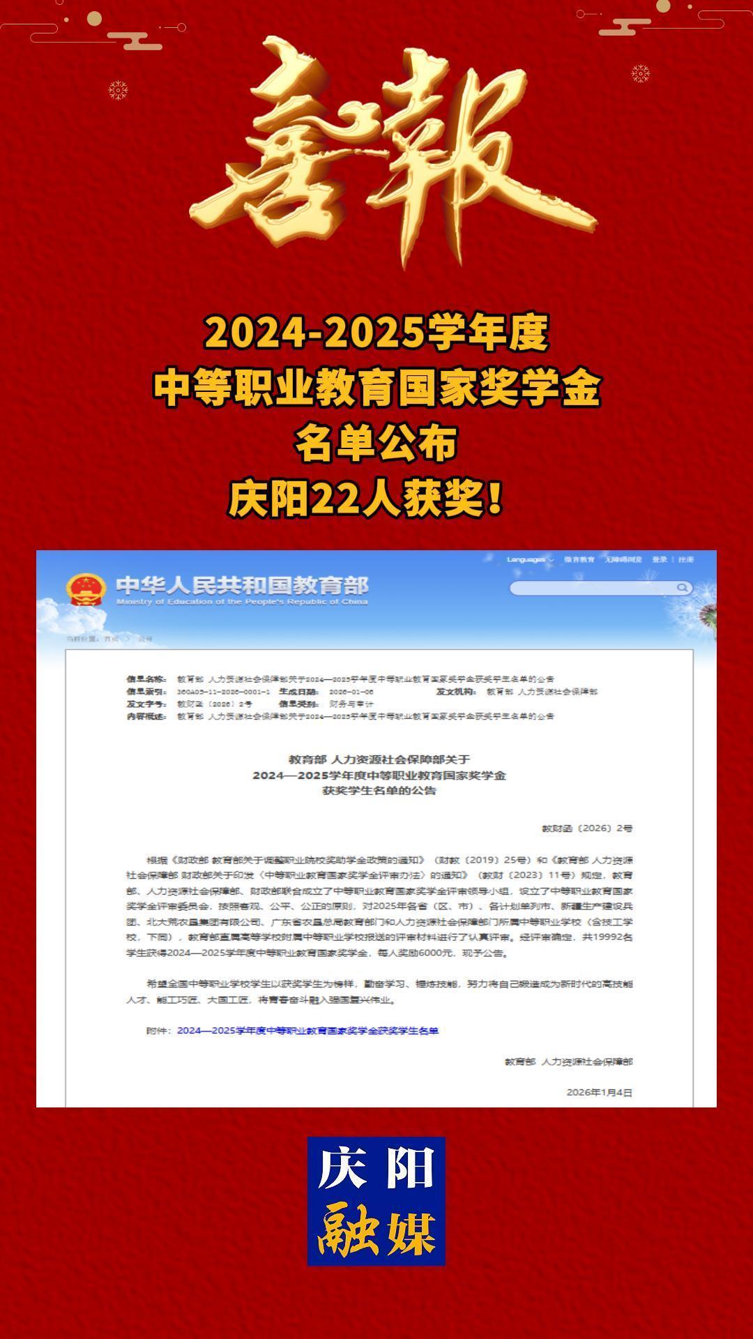 2024-2025學(xué)年度中等職業(yè)教育國家獎(jiǎng)學(xué)金名單公布，慶陽22人獲獎(jiǎng)！